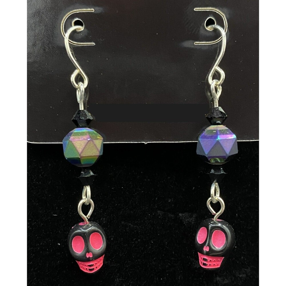 Handmade Neon Pink & Black Skull Oil Slick Black Crystal Earrings by Neanie-Bot